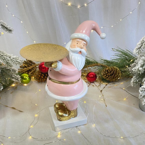 Christmas Holiday Pink Gold Santa Holding Serving Tray Display Stand NEW - Picture 2 of 16